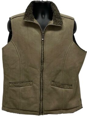 Woolrich Sherpa Lined Vest Women XL Khaki Suede Zip Up Flawed